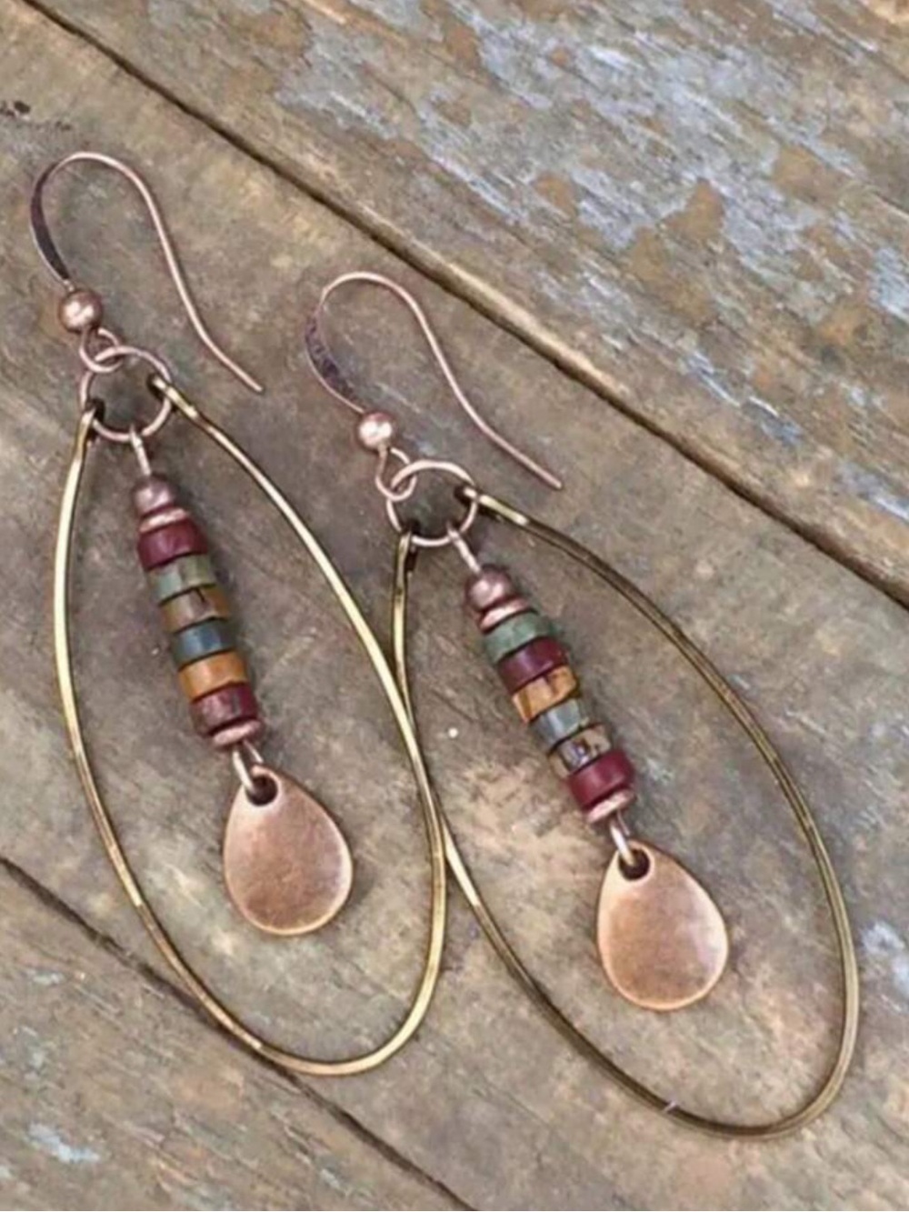 Boho Copper Tear Drop Hoop Earrings with Multicolor Beads